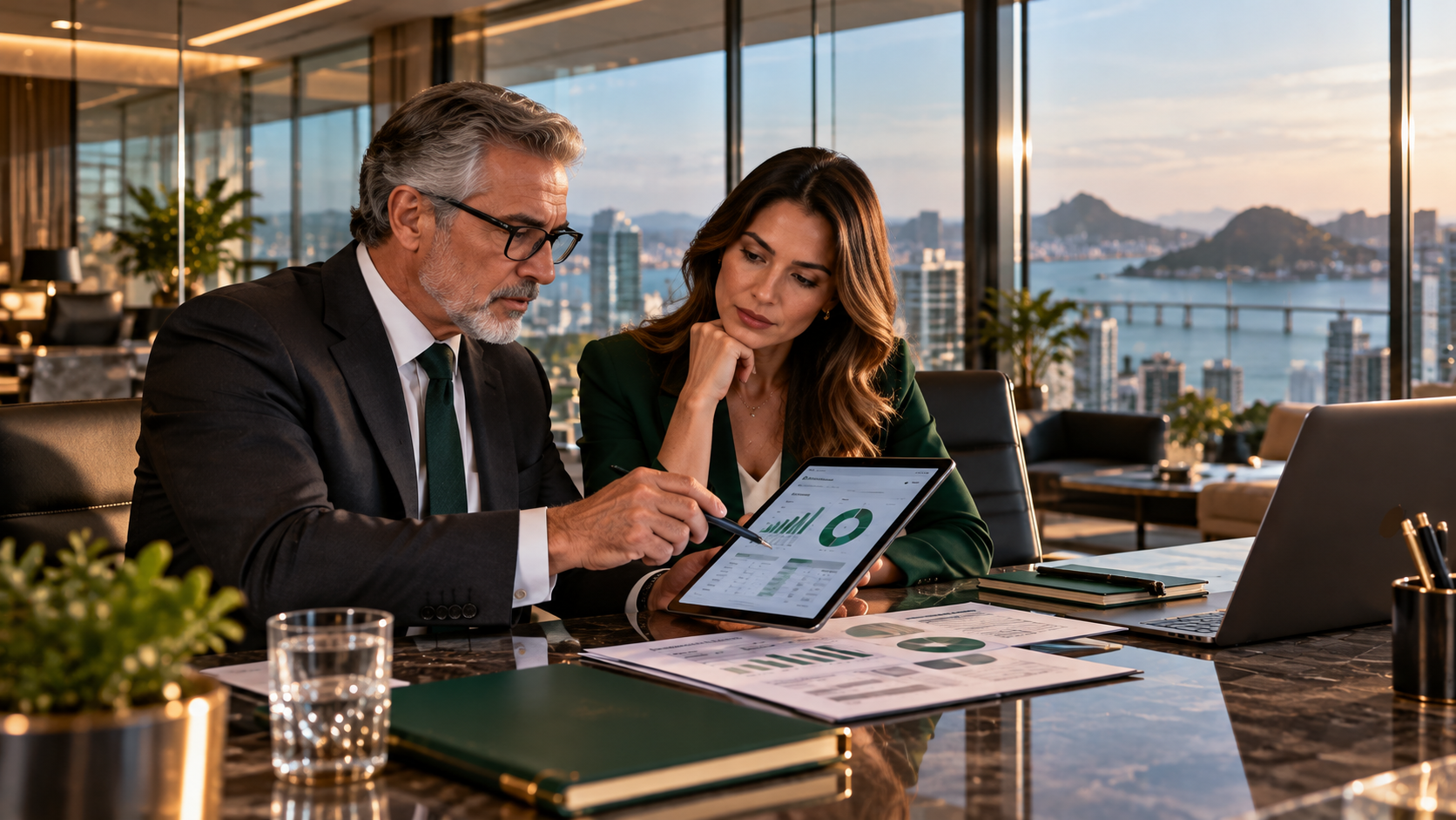 Consultor contábil e empresária analisando relatórios de BPO financeiro em sala de reunião moderna.