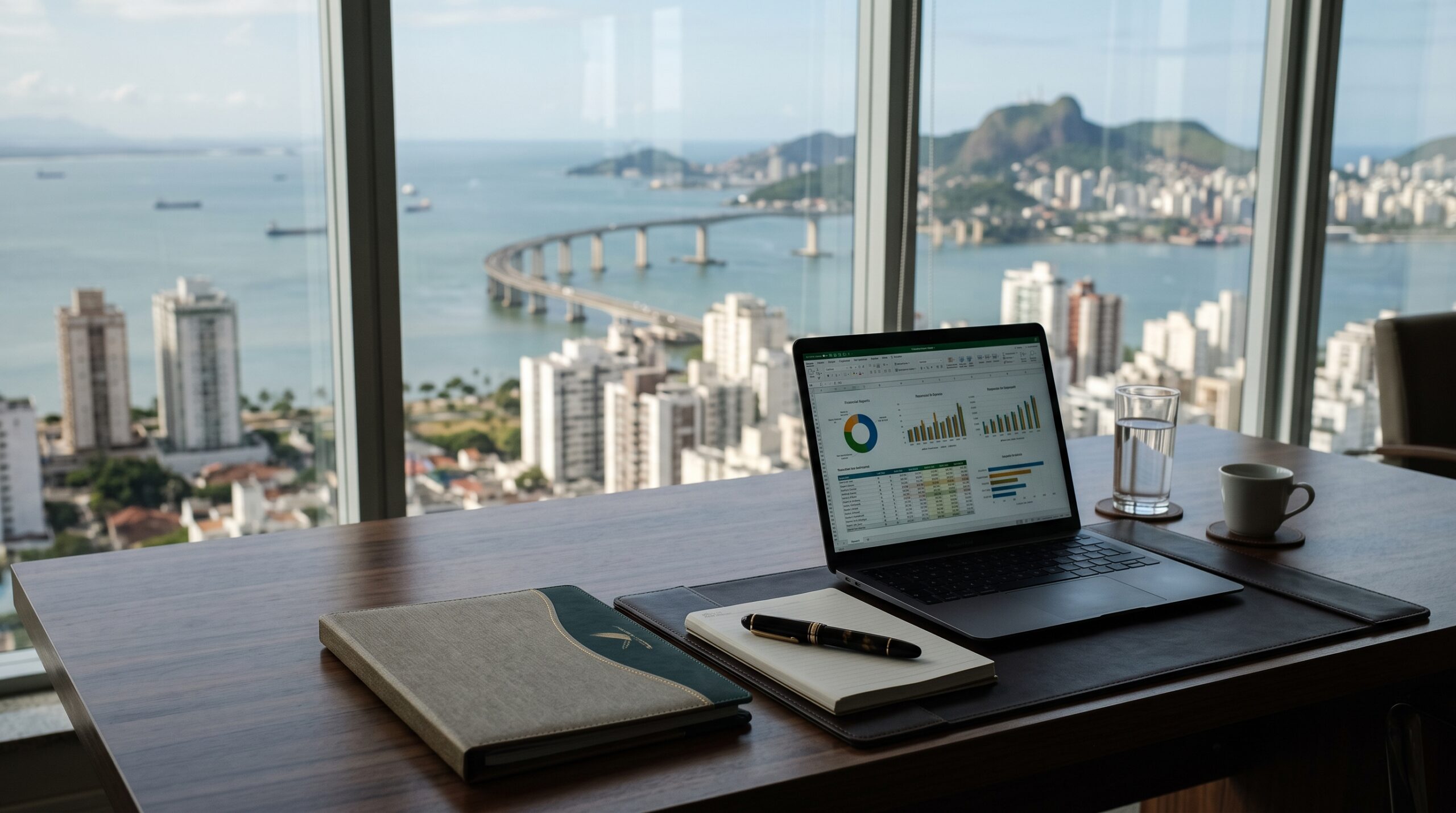 Mesa de trabalho executiva organizada com relatórios de gestão financeira para empresas em Vitória e região metropolitana.