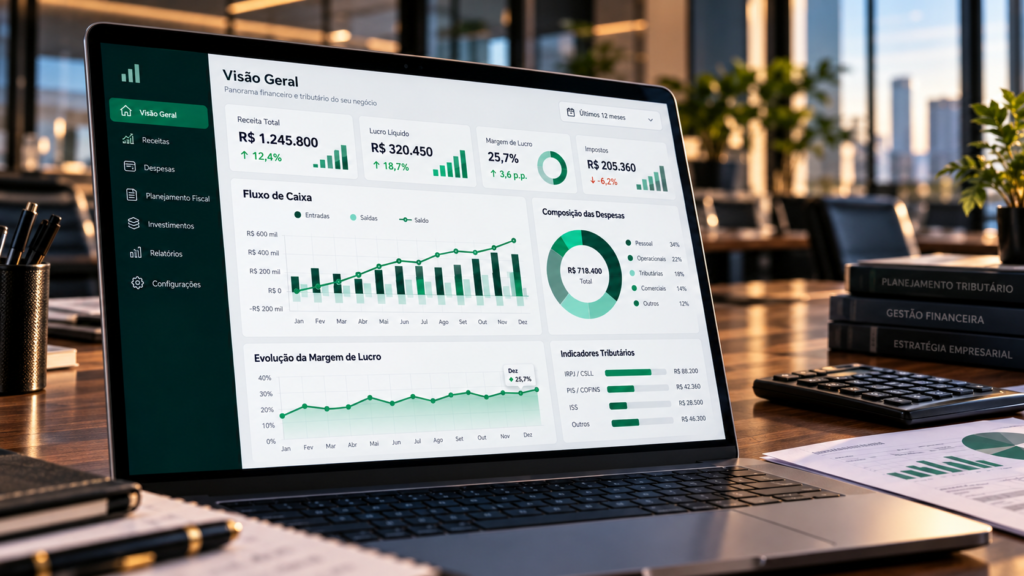 Notebook exibindo gráfico de planejamento tributário e relatórios financeiros do Simples Nacional.